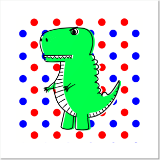 Green Dinosaur Red Blue Polka Dots Posters and Art